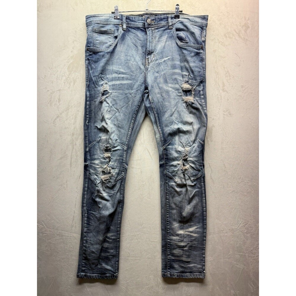 Arketype Distressed Moto Streetwear Jeans Men 38x32 Blue Light Acid Wash Stretch